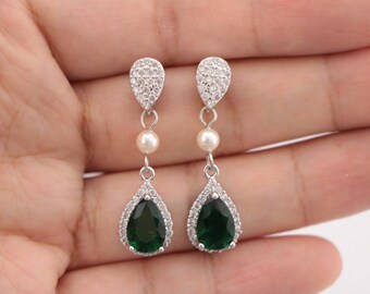Long crystal wedding earrings navy bridal earrings Green Crystal earrings Dark Blue Earrings Red Bridal earrings CZ Red earrings Bridesmaid