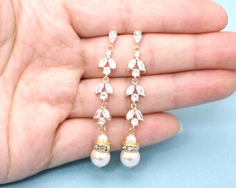Pearl Drop Earrings Bridal Gold Wedding earring Silver Long Pearl Dangly Earrings Wedding jewelry earrings Rhinestone earring Bridal earring