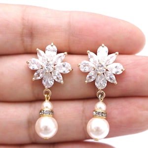Pearl drop Wedding earrings Gold CZ earrings Bridal jewelry earrings Bridesmaid earrings Rhinestone earrings Bridal earrings jewelry Rose