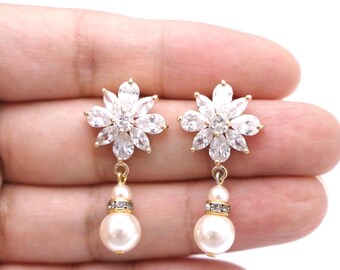 Pearl drop Wedding earrings Gold CZ earrings Bridal jewelry earrings Bridesmaid earrings Rhinestone earrings Bridal earrings jewelry Rose