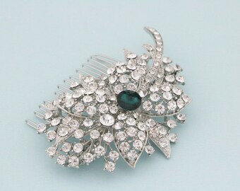 Flower and Leaf Hair Comb Blue hair accessories Silver Wedding hair comb Rhinestone Wedding comb Bridal hair jewelry Wedding headpiece Side
