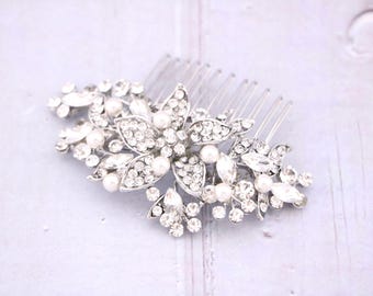 White opal Wedding hair comb Pearl side comb Wedding hair jewelry Rhinestone Wedding comb Navy blue Bridal hair comb Something blue haircomb