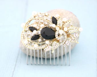Rose Gold Wedding Hair Comb: Sapphire Crystal Bridal Piece Jet Wedding hair clip Black Wedding comb Bridal hair accessories Navy blue comb
