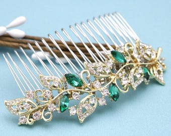 Gold and Crystal Hair Piece Wedding Hair Accessories for Bun Green Wedding hair comb Bridal hair jewelry Wedding hair piece Navy blue comb