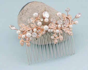 Wedding Hair Accessories for Bun Rose gold Wedding hair comb Pearl side comb Wedding hair piece Bridal hair jewelry Wedding hair pins Gold