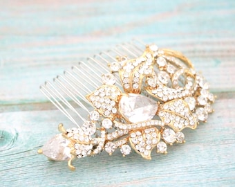 Gold Rhinestone Flower Leaf Wedding Headpiece Rose gold Wedding hair clip Silver Bridal comb Wedding hair accessories Bridal hair comb Side