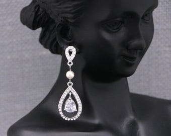 Wedding Earring Pearl and Diamond Silver Crystal earrings Gold Rhinestone earrings Rose gold Bridal earrings Dangle Bridesmaid earrings Boho