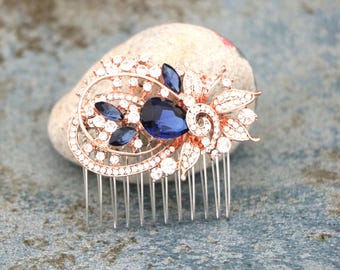 Navy Blue Crystal Bridal Hair Comb Rhinestone Wedding Headpiece Rose gold Bridal hair clip Gold veil comb Blue hair jewelry Wedding haircomb