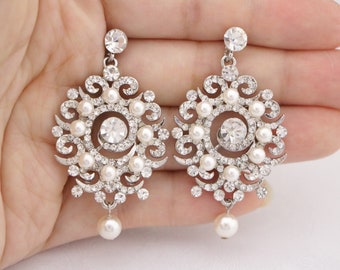 wedding earrings pearl silver Pearl drop Bridal earring Pearl drop earrings pearl wedding jewelry pearl chandelier earrings Bridesmaid Prom