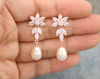 Cubic Zirconia Bridal Earrings Rose gold Bridesmaid earrings ivory pearl earrings Gold wedding earrings pearl drop Silver Wedding jewelry