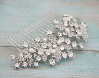bridal hair comb boho bridal comb hairpiece Silver Wedding hair comb Rhinestone hair piece Wedding hair jewelry Bridal headpiece Pearl comb