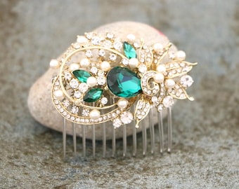 Wedding Hair Accessories for bun Green Wedding comb Pearl drop Bridal earrings Navy blue Wedding hair comb Blue Wedding pearl earrings Side