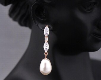 rose gold earrings wedding Long Pearls Earrings Rhinestone bridal earrings dangle Bridal Pearl drop earrings Gold earring Bridesamid jewelry