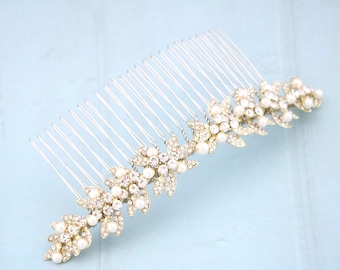 Gold Bridal Hair Comb: Art Deco Rhinestone & Pearl Wedding Piece Rose gold Bridal hair clip Wedding hair accessories Large Wedding comb Side