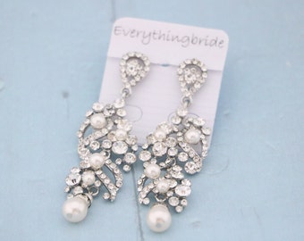 wedding pearl drop earrings Silver Mother of the Bride Gift Earrings Long Bridal Earrings Pearl wedding earrings pearl and crystal earrings