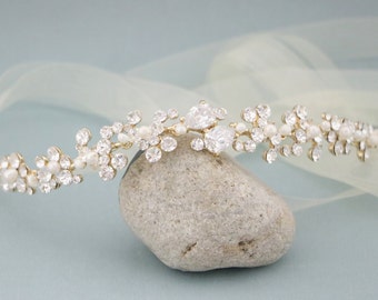 crystal ribbon headband bridal headband rose gold headband wedding headband pearl and crystal simple bridal tiara rhinestone headband Gold