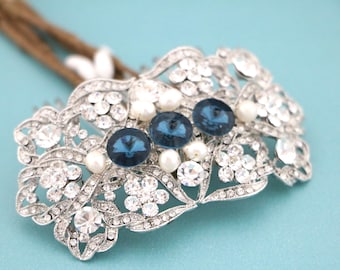 Silver Montana Crystal Hair comb Pearl Wedding hair clip Rhinestone Bridal hair comb Navy blue hair comb Wedding hair accessories Blue comb