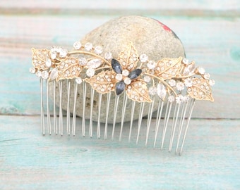 Navy blue  Bridal Hair Comb: Silver Rhinestone Wedding Hair Accessory Light blue hair piece Bridal hair clip Gold Wedding hair comb Sapphire