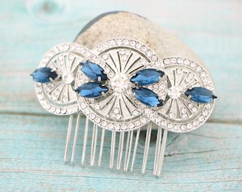 Flower and Leaf Hair Comb Gold and Crystal Hair Piece Rose Gold Bridal Headpieces Wedding hair comb Side bridal headpiece Navy blue haircomb