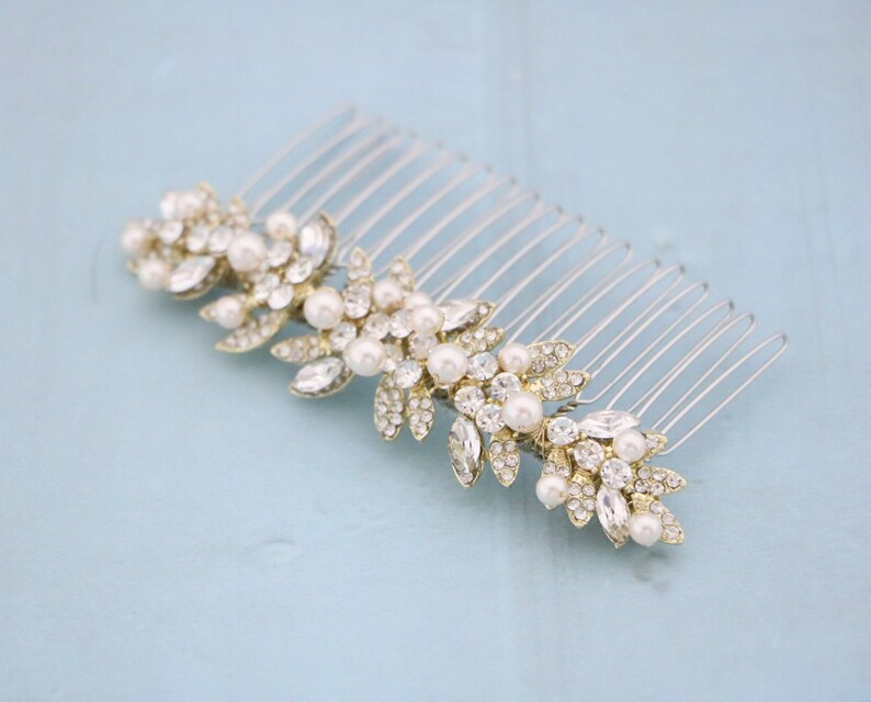 Gold Bridal hair comb with pearl drop Wedding earrings Blue hair jewelry earrings Wedding hair comb Vintage style Wedding comb Earrings Boho image 9