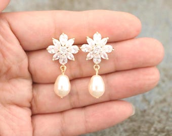 pearl earrings dangle silver Crystal earrings Gold jewelry earrings Rhinestone earrings CZ Bridal earrings Rose gold Wedding earrings Bridal