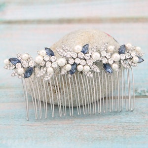 Navy blue Wedding hair comb Side Wedding headpiece Blue hair jewelry Bridal hair comb Wedding hair accessories Pearl side comb Bridal comb image 7