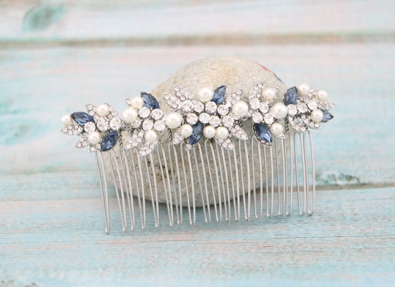 Navy blue Wedding hair comb Side Wedding headpiece Blue hair jewelry Bridal hair comb Wedding hair accessories Pearl side comb Bridal comb image 7