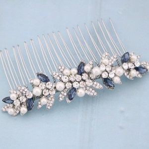 Navy blue Wedding hair comb Side Wedding headpiece Blue hair jewelry Bridal hair comb Wedding hair accessories Pearl side comb Bridal comb image 2