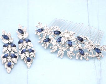 Navy blue Wedding earrings Bridal hair comb Blue hair jewelry Wedding hair comb Rhinestone Bridal hair accessories for bun Bridal earrings