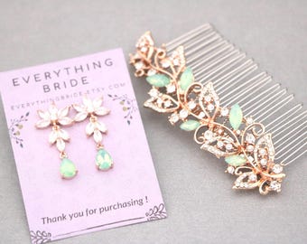 Rose gold Wedding hair clip Crystal hair comb Blue drop Wedding earrings Pacific opal Rhinestone hair comb Gold Bridal earrings Headpiece