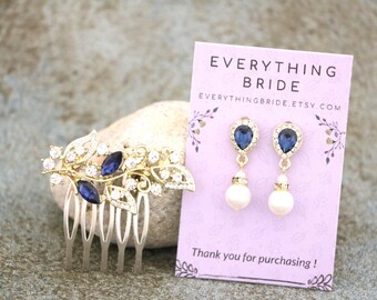 Navy blue Crystal Bridal Hair Comb Gold Bridal headpiece Rose gold Wedding earrings Pearl drop earrings Bridal hair comb Silver Bridal comb