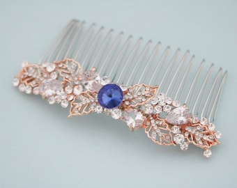 Sapphire Crystal hair comb Navy blue Wedding hair comb Side bridal headpiece Wedding hair accessories Rose gold Bridal hair comb Blue comb