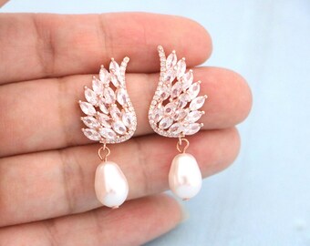 Rose gold Bridal earrings Pearl drop earrings CZ Wedding earrings Gold Bridesmaid earrings Wedding jewelry earrings Silver Wedding hair comb