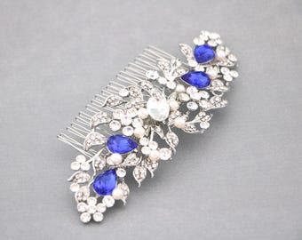 Sapphire Blue Crystal Wedding Hair Comb, Silver Rhinestone Bridal Accessory Large Wedding hair clip Navy blue Wedding comb Bridal hair piece