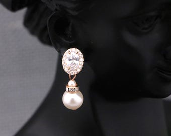 Rose gold Crystal Bridal Earrings: Pearl Wedding Jewelry White pearl Bridesmaid earrings Wedding earrings Rhinestone earrings Gold earrings