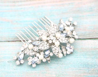 light Sapphire Crystal Bridal Hair Comb Wedding hair clip Pearl Wedding comb Bridal hair piece Wedding hair clip Navy blue hair comb Gold