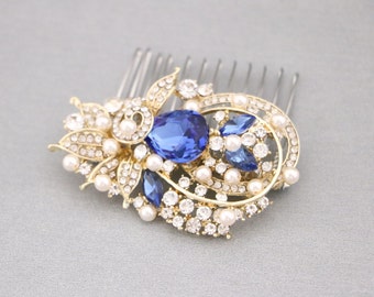 Crystal and Gold Hair Accessories Flower and Leaf Hair Comb Blue Hair Accessories Navy blue Wedding hair comb Sapphire Crystal hair comb