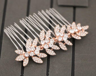 Bride Gold Floral Hair Comb Bridal Hair Comb Small Rhinestone Rose gold Wedding hair comb Side bridal headpiece Bridal hair piece updo Boho