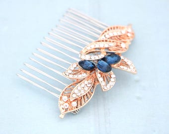 Montana Crystal Bridal hair clip Rose gold Bridal hair comb Navy blue Wedding hair accessories Gold veil comb Blue Bridal earrings Wedding