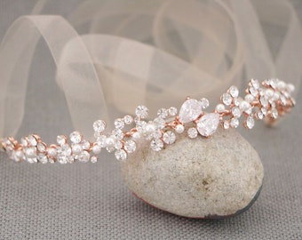 rose gold head band wedding hair vine boho wedding headband pearl and crystal rhinestone headpiece Bridal headband Bridal hair vine Crystal