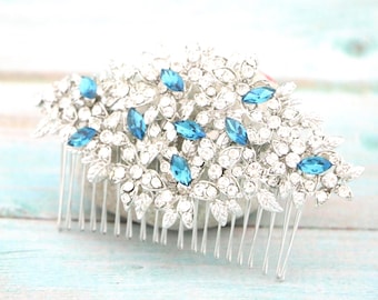 Emerald Crystal Rhinestone Hair Comb Silver Wedding Accessory Indicolite Wedding hair clip Navy blue Wedding hair comb Bridal hairpiece Gold