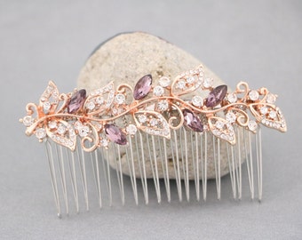 bridal hair comb updo Purple Wedding comb Rose gold Wedding hair accessories for bun Bridal headpiece Wedding hair jewelry Bridal hair piece