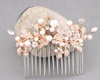 Rosegold hair pin Pearl hair comb Crytal hair jewelry Wedding hair clip Bridal hair comb Wedding hair accessories Bridal headpiece Side comb
