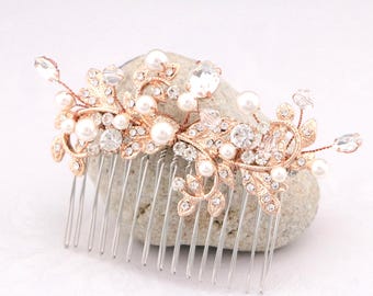 Rose Gold Crystal Pearl Wedding Hair Comb: Bridal Hair Piece Wedding hair clip Pearl Bridal hair accessories Rhinestone hair pins Wedding