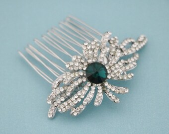 Wedding Head Clip for Bride Silver Wedding hair comb Green Crsytal hair comb Wedding hair jewelry Bridal hair accessories for bun Navy blue