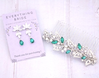 Emerald Crystal hair comb with Green Drop Wedding earrings Silver Wedding hair clip Navy blue bridal earrings Wedding headpiece Bridal comb