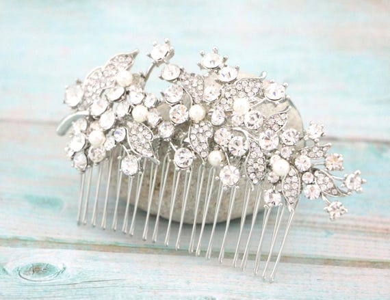 Bridal Pearl & Crystal Hair Comb - Silver Tone Sally crystal and pearl hair comb – Lola and Alice main image 3