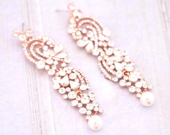 wedding chandelier earrings Rose gold Long Pearls Earrings Gold Crystal earrings Wedding jewelry earrings Silver Bridal earrings pearl drop