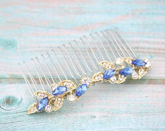 Gold Crystal Wedding Hair Comb, Navy blue Rhinestone Bridal Headpiece Sapphire Crystal hair comb Wedding hair accessories Bridal comb Silver
