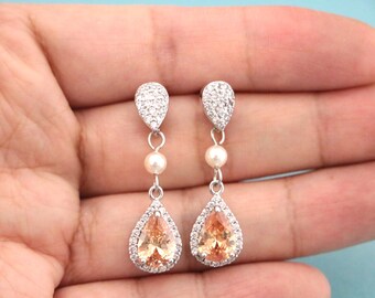 Crystal Bridal Earrings: Long Dangle Rhinestone & Pearl Wedding Jewelry Navy blue Wedding earrings Crystal earrings Blue jewelry Wedding